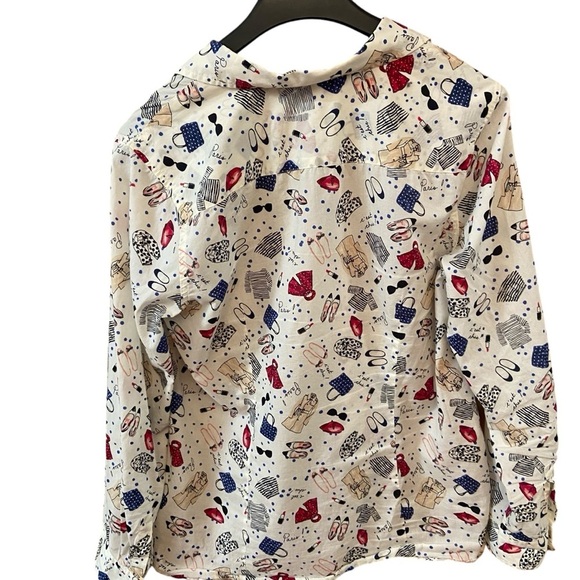 Talbots Paris Print Button Down Blouse Size M Long Sleeve C’est Chic 100%Cotton - Picture 5 of 13
